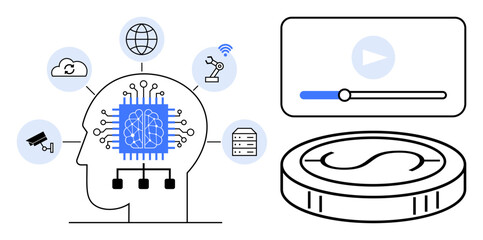 Human head with AI connections to cloud, robotics, servers, and media next to digital currency and video interface. Ideal for AI, automation, innovation, fintech, data media technology simple flat