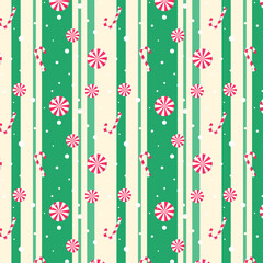 Wall Mural - Striped seamless pattern in green with red lollipop, candy canes and white snow.Colorful Christmas repeat pattern.Merry Xmas vector graphic illustration background wallpaper.