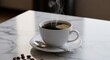 © Muhammad - Steaming hot black coffee in a white cup and saucer on marble counter top.