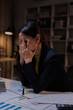 © David - Caucasian business woman business entrepreneur sedentary computer work syndrome neck ache cervical pain sick tired overworked female workaholic discomfort hurt health problem injury in night office