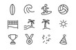 © Alla - Beach Celebration Icons. Surfing or beach volleyball tournament celebrations. Line outline icon set of Surfing