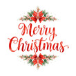 © Nivins McTwisp - Merry Christmas lettering isolated on a transparent PNG background. Festive decoration. Xmas inscription. Watercolor painting style. Christmas red design element for a business, postcard, card, etc.