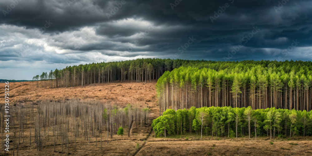 Dramatic landscape showing sad effect of deforestation on forest ...