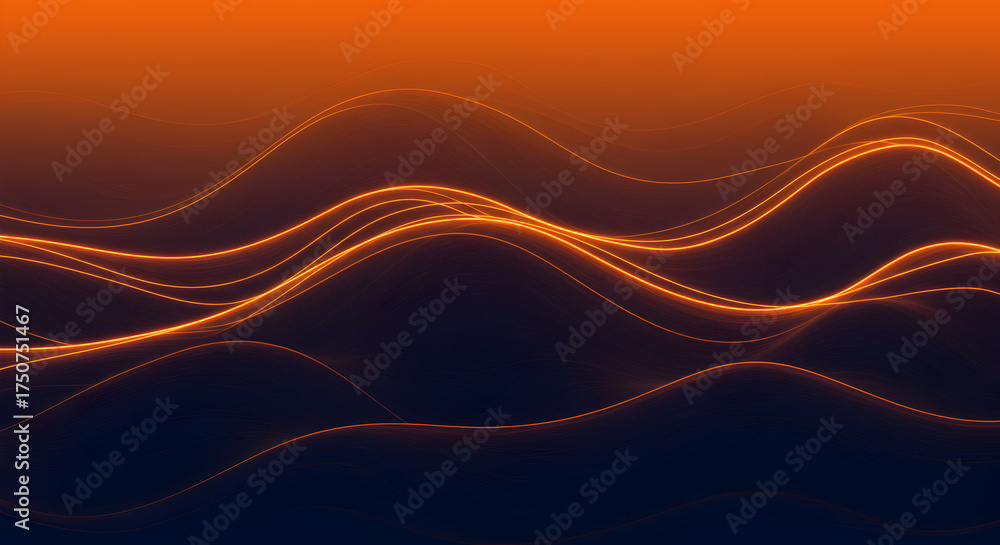 Glowing orange wavy lines on dark blue gradient background abstract ...