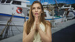 © Krakenimages.com - Woman with clasped hands and closed eyes in prayer gesture by white boat on port pier under blue sky; serenity.
