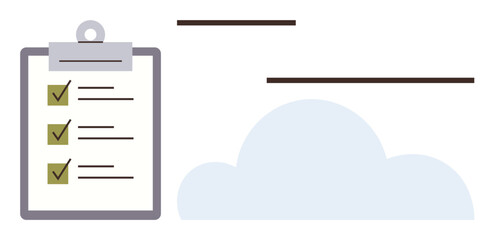 Clipboard with checklist, completed tasks marked, next to cloud icon. Ideal for task management, data synchronization, productivity, organization, workflow, cloud-based tools simple flat metaphor