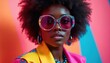 © Oleksandr - Stylish Black woman with afro hair wears oversized colorful sunglasses and bright clothing. She poses confidently against a vibrant pink and blue geometric background, embodying modern fashion trends.
