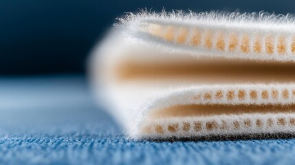 Close-up of a folded, porous, light beige fabric with fuzzy edges resting on a blue surface