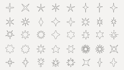 Wall Mural - Collection of star icons in various shapes. Star shapes include pointed, rounded, and abstract designs. Perfect for design projects needing star icons. Element vector set.