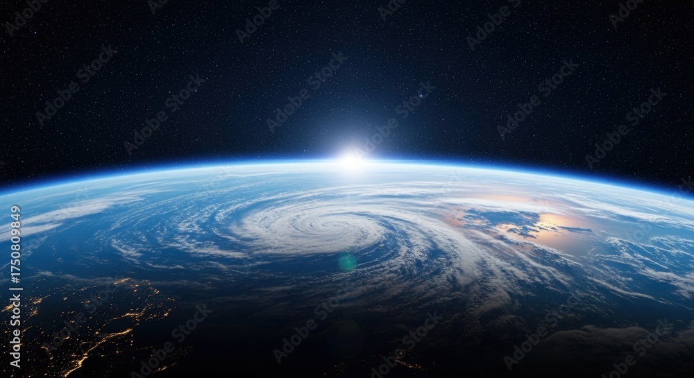 View of the earth from space showcasing a massive hurricane swirling ...