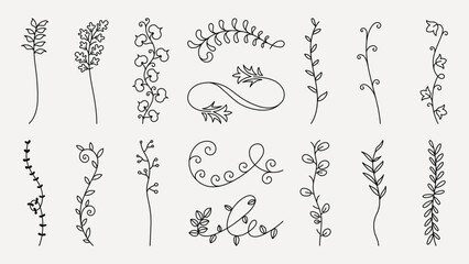 Wall Mural - A collection of floral doodles featuring various leaf and vine designs. These floral elements are perfect for decorative, botanical, and nature-themed projects. Hand drawn ornament vector set.