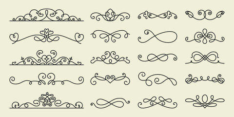 Wall Mural - Decorative Vector set. Set of 18 elegant decorative dividers with swirls and curls. Perfect for invitations, cards, and designs. Swirls and curls add a classic touch. Hand drawn ornament vector set.