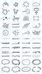 Wall Mural - Collection of hand-drawn doodles featuring clouds, arrows, and lines. Doodles include clouds, arrows, and lines in playful, sketchy styles. Black hand drawn elements, vector set.