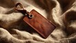 © sungedi - Rustic leather luggage tag rests on textured burlap fabric.