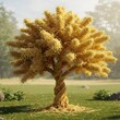 © Bismillah Creative - Whimsical tree sculpture crafted entirely from golden spaghetti pasta standing in nature