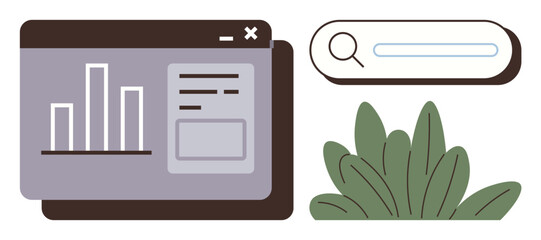 Analytical dashboard with bar chart and text alongside search bar and green plant motif. Ideal for web development, analytics, data management, design, nature integration, modern tools, simple flat
