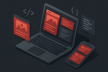 Isometric web and app development concept with laptop and smartphone showing ui ux design and code