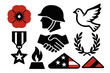 © Ruslana - Armistice Day Icons. Classic Armistice Day set of icons silhouette. Poppy flower, soldier’s helmet, white dove, peace handshake, military medal, eternal flame, laurel wreath