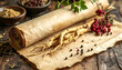 © ณัฐพล ตีระพิมลจันทร์ - Ginseng roots and dried herbs placed beside an ancient paper scroll on rustic wooden table, symbolizing traditional Chinese medicine, natural healing, and holistic wellness through herbal knowledge
