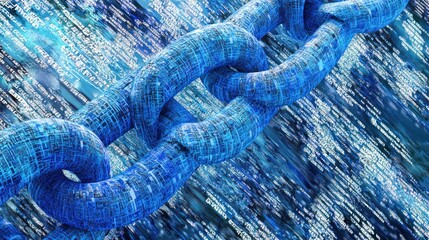 Abstract digital chain links through code background.  Possible use Technology concept, cybersecurity, data flow