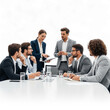 © Marzina Begum - Diverse business team collaborates during a meeting at a conference table discussing strategy and ideas isolated on transparent background