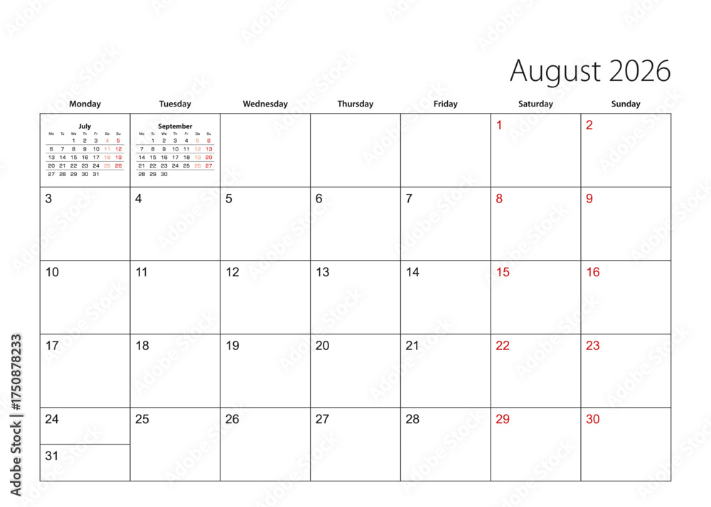 August 2026 simple calendar planner, week starts from Monday. Stock ...