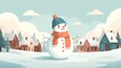 © Dian - Cartoon snowman stands amid snowy village during winter with buildings and falling snow