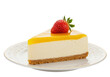 © Luca - Isolated slice of cheesecake with a strawberry on plate, creamy dessert on a plate sweet treat