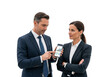 © ning - Two Business Professionals Reviewing Data on Smartphone with Charts on White Background