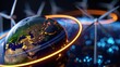 © savittree - Earth globe with glowing rings and wind turbines in the background, symbolizing renewable energy and sustainable technology