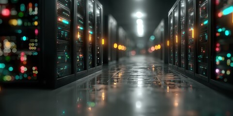 Wall Mural - Futuristic data center with glowing servers and digital data flow visualization