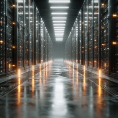Wall Mural - Futuristic data center with glowing servers and digital data flow visualization