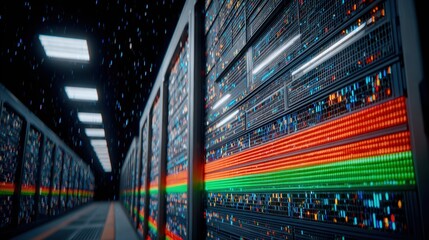 Wall Mural - Futuristic data center with glowing servers and digital data flow visualization