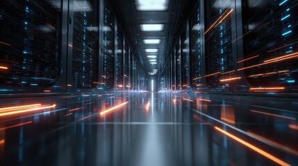 Wall Mural - Futuristic data center with glowing servers and digital data flow visualization