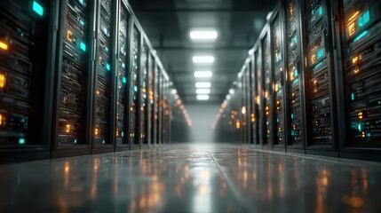 Wall Mural - Futuristic data center with glowing servers and digital data flow visualization