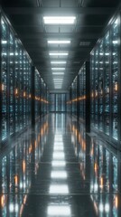 Wall Mural - Futuristic data center with glowing servers and digital data flow visualization