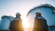 © Artinun - Professional engineers wearing safety helmets inspecting large sustainable aviation fuel storage tanks under bright daylight, industrial facility maintenance and renewable energy infrastructure.