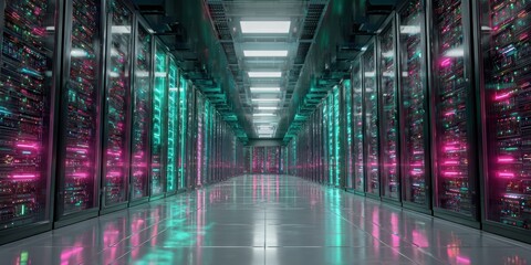 Wall Mural - Futuristic data center with glowing servers and digital data flow visualization