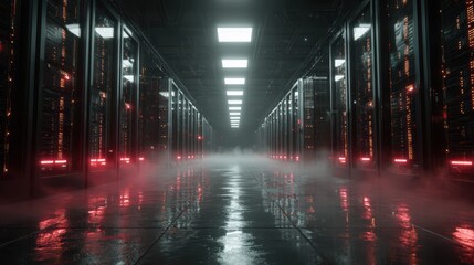 Wall Mural - Futuristic data center with glowing servers and digital data flow visualization