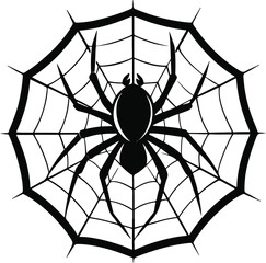 Vector a black and white illustration of a spider on its web, isolated on white background