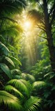 Dappled sunlight filters through dense jungle foliage