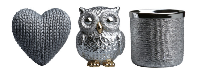 Stylish Grey Decorative Objects Including Heart, Owl, and Cylinder Shape