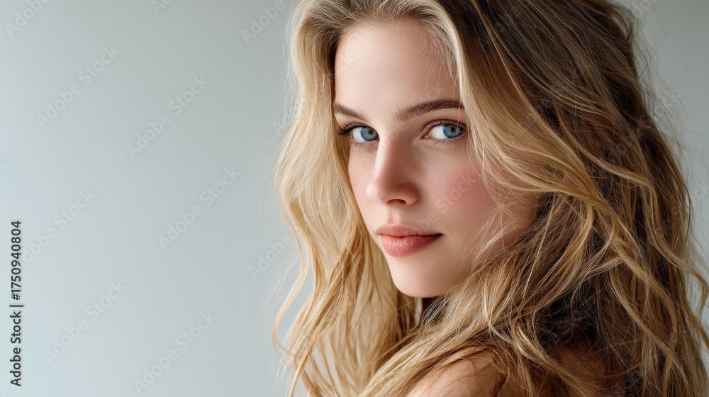 Stunning portrait of a beautiful young blonde woman with long wavy hair ...