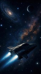 Wall Mural - A spaceship soars through a starry galaxy, viewed from behind at a low angle. The scene evokes a cinematic video style, highlighting cosmic exploration. Live mobile wallpaper.