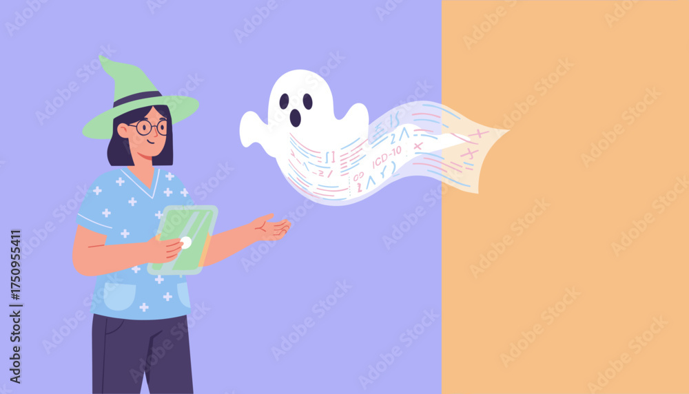 Witchhatted coder manages data ghost representing healthcare ...