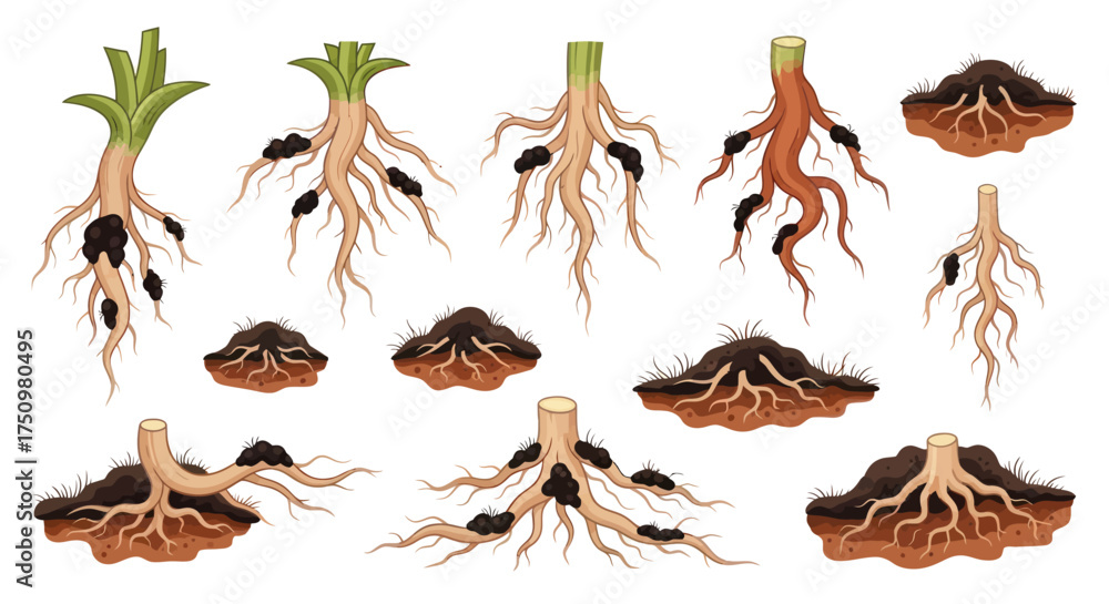 Diverse Plant Root Systems Illustrated with Soil Cross-Sections. Stock ...