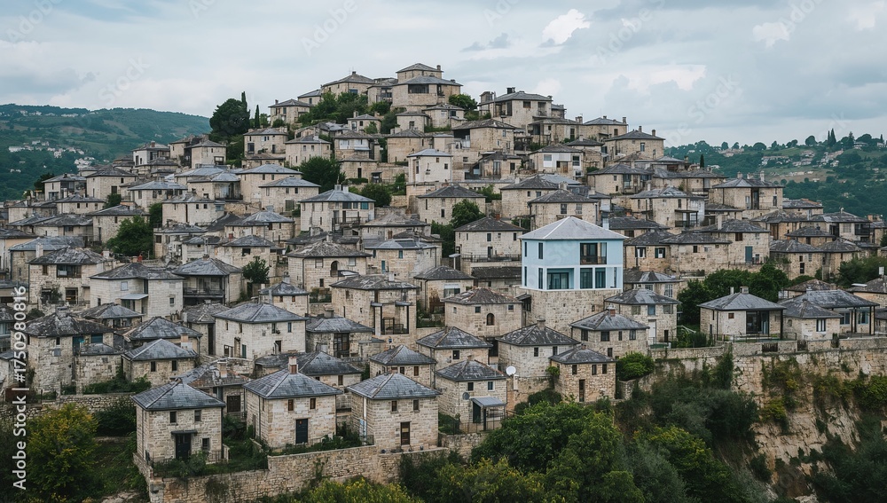 View of traditional stone houses on a steep hillside, a historic village nestled in a valley under a cloudy sky