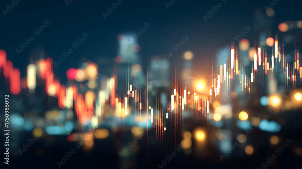 A digital stock market chart overlaying a blurred city skyline at night ...