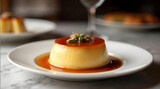 Delicious sweet creme caramel flan dessert on white plate. This creamy custard food with rich caramel sauce top
