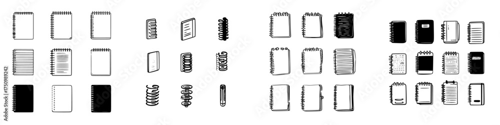 Hand drawn icons of spiral bound notebooks and individual binding coils ...